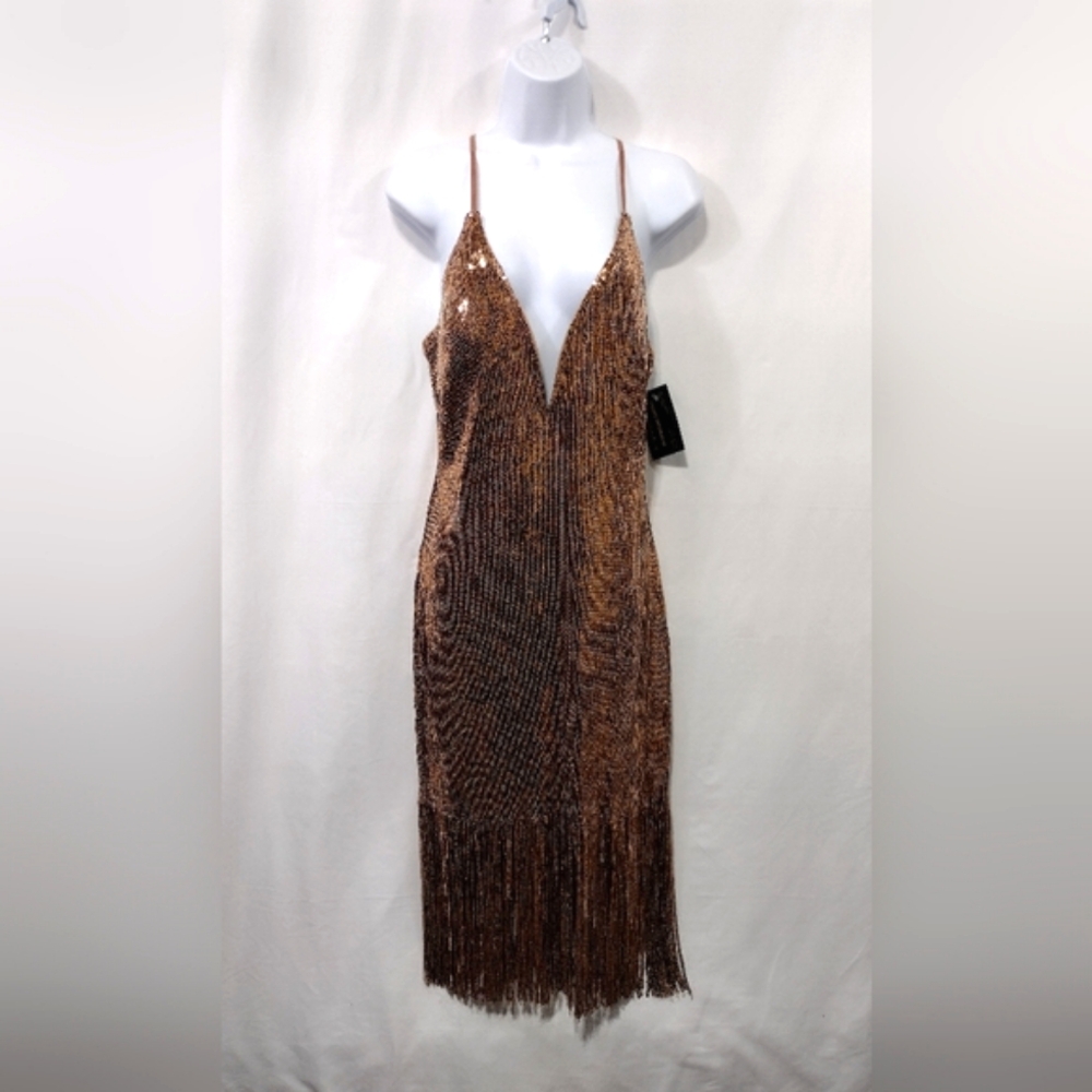 NWT Kaylee Kollection Sequin Fringe Dress Womens L Brown Party Retro Y2K 90s